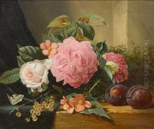 Still Life Of Flowers And Fruit On A Ledge