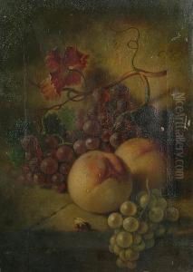Still Life Of Grapes, Peaches And A Bee On A Ledge.