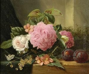 Roses, Plums And White Currants On A Ledge by Henry George Todd