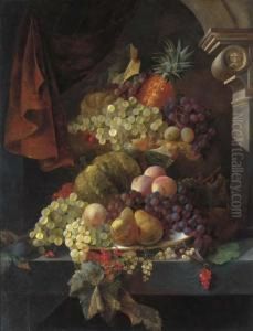 Grapes, Pears, Peaches, Plums, 
Redcurrants, Melons, And A Pineapple, On A Dish, On A Marble Ledge by Henry George Todd