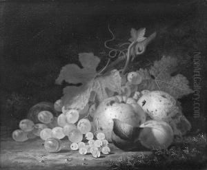 A Still Life Of Fruit And Leaves In A Bowl On A Marble Ledge by Henry George Todd