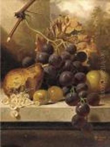 Grapes, A Pear, Gooseberries And An Apple On A Marble Ledge