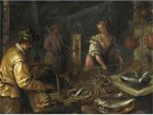 Interno Di Cucina Con Pesci E Crostacei Su Un Tavolo - view 1