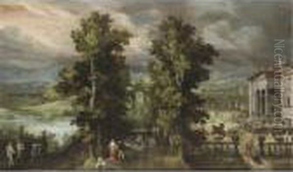 Veduta Del Parco Di Una Villa Con Figure Vicino A Una Fontana - view 1