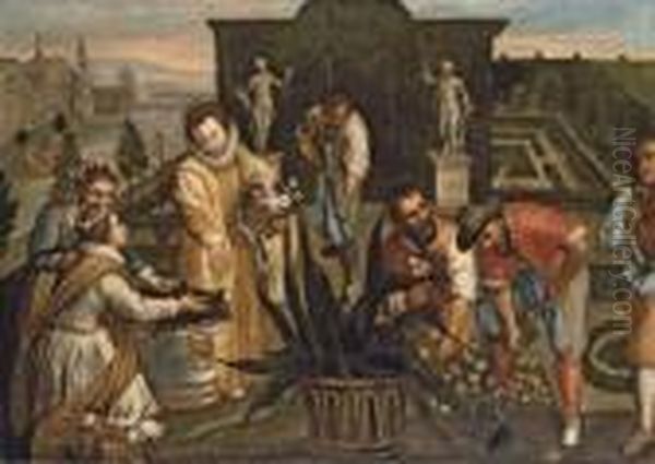 A Lady Holding A Basket Of
Flowers And Gardeners Planting In A Renaissance Garden, A Fortified Town
Next To A River Beyond - view 1