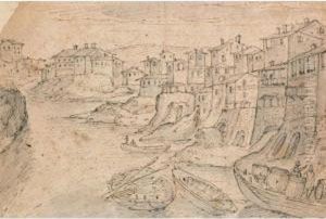 Veduta Di Citta Sugli Argini Di Un Fiume Con Barche E Figure Veduta Di Citta Sugli Argini Di Un Fiume Con Barche E Figure