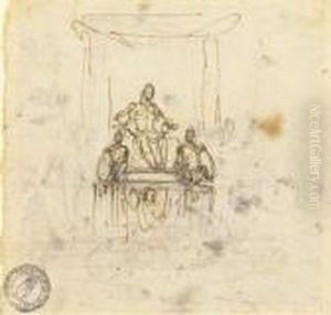 Un Monument Avec Une Figure Assise Flanquee De Deux Soldats