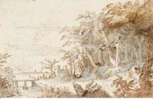 River By The Edge Of A Wood, With The Sun Setting To The Left by Lodovico Pozzoserrato (see Toeput, Lodewijk)