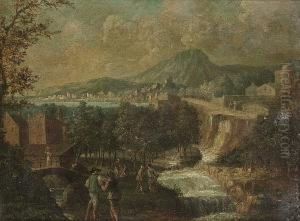 A Wooded River Landscape With Figures Beside A Waterfall, A Town In The Distance