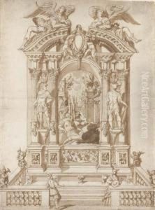 Un Retable Avec Des Sculptures Encadrant Un Tableau Avec Une Villeet Des Personnages Un Retable Avec Des Sculptures Encadrant Un Tableau Avec Une Villeet Des Personnages