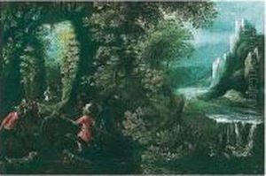 A Wild Boar Hunt With Dogs In A Forest By A Waterfall by Lodovico Pozzoserrato (see Toeput, Lodewijk)