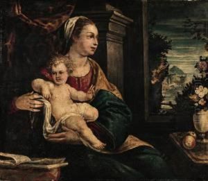 The Madonna And Child Seated 
Before An Open Window With Anextensive River Landscape Beyond