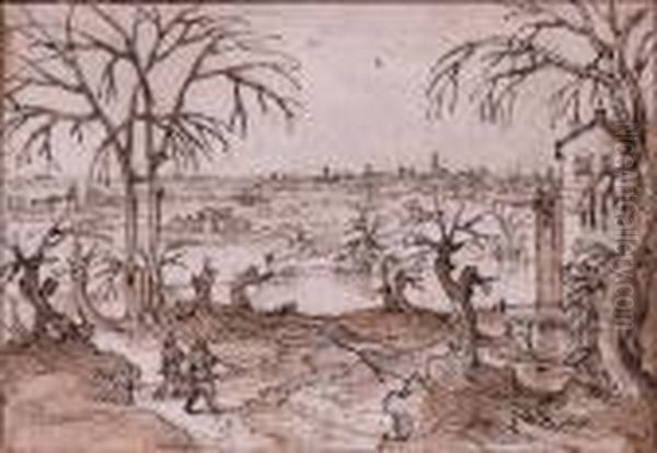 A Winter Landscape With Travellers And A Man Chopping Wood By Ariver, A City Beyond - view 1