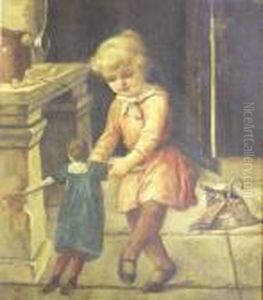 "playing With A Doll". Signed Tojetti U/l. Oil On Canvas. Measuring 16" By 14" by Virgilio Tojetti