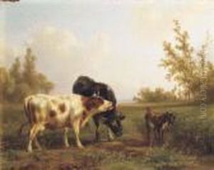 Cows And A Goat In A Sunlit Meadow by Jan Bedijs Tom