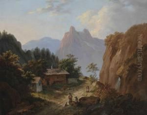 Rastende Bauern Bei Einer Almhutte In Gebirgslandschaft by Matthias Rudolf Toma