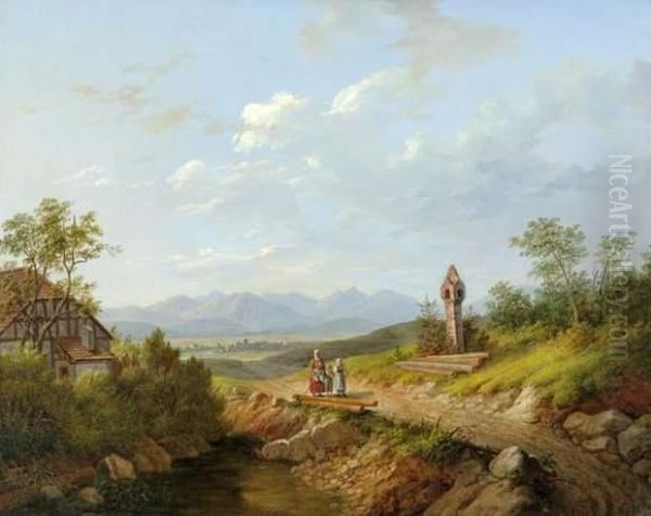 Paysage Au Bord Des Alpes Et Promeneuses - view 1