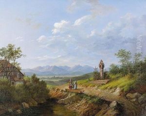 Voralpenlandschaft Mit Spaziergangerinnen.