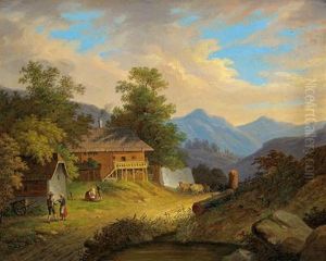 Gebirgige Landschaft Mit Bauerngehoft Und Figurlicher Staffage by Matthias Rudolf Toma