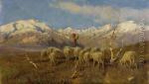 A Herder And Flock Grazing In The Alps - view 1