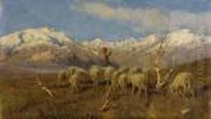 A Herder And Flock Grazing In The Alps by Achille Tominetti