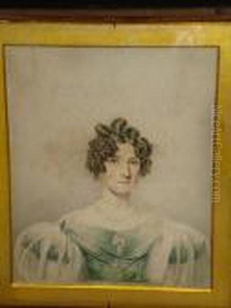 A Lady,wearing A Green Dress
With White Lace Trimmings And A Pearl Necklace, Her Brown Hair In
Ringlets, In A Leather Case - view 1