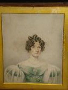 A Lady,wearing A Green Dress
With White Lace Trimmings And A Pearl Necklace, Her Brown Hair In
Ringlets, In A Leather Case by Peltro William Tomkins