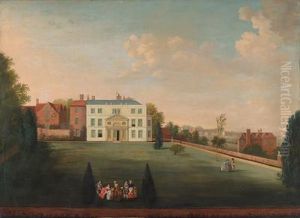 A Country House With Figures Assembled On The Lawn, And A Village Beyond by William Tomkins