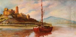 Paesaggio Lacustre Con Barca E Borgo Turrito by Adolfo Tommasi
