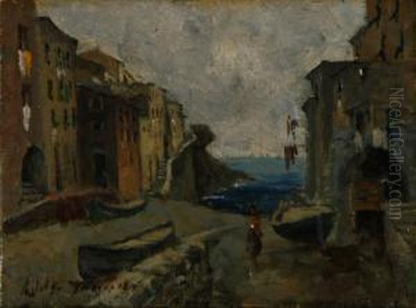 "scorcio Di Paese Con Figura" 
Olio Su Tela Applicata Su Tavola Firmato In Basso A Sinistra - view 1