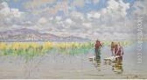 Scorcio Del Lago Di Massaciuccoli Con Due Lavandaie by Angiolo Tommasi
