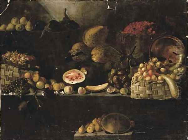 A basket of apples, calabashes, an upturned copper vessel, figs, melons, with other fruit on rocky ledges by Luca Forte