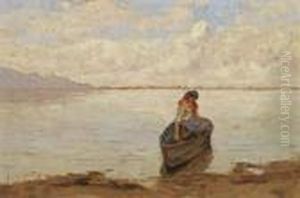 Donna In Barca Sul Lago Di Massaciuccoli by Angiolo Tommasi