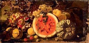 A watermelon and a melon, quince, peaches, crabapples, grapes and figs in a landscape by Luca Forte