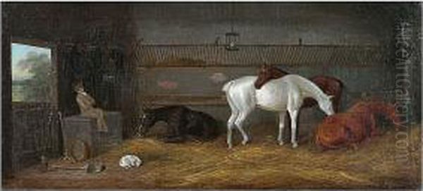 Stable Interior With Horses And Sleeping Stable Hand - view 1