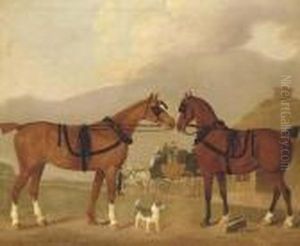 Two Carriage Horses In Harness, With Terriers And A Horsedrawncarriage By A Cottage by Clifton Tomson