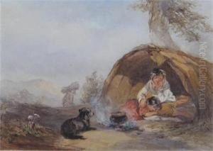 Two Children Sheltering By A Country Path Two Children Sheltering By A Country Path