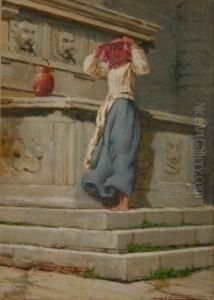 Portrait Of A Lady At A Fountain by Frank William Warwick Topham