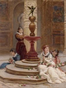 Girls Making Flower Garlands Beside A Fountain