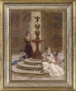 Girls Making Flower Garlands Beside A Fountin