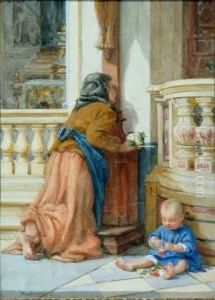 A Mother At Prayer With Infant Alongside
