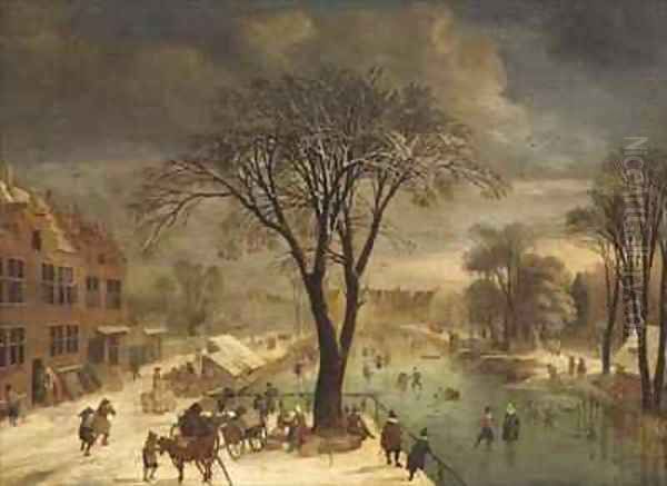 Winter Scene with Skaters on a Frozen River - view 1