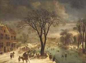 Winter Scene with Skaters on a Frozen River by Jacques Fouquieres