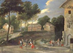 A village landscape with villagers dancing to the bagpipes