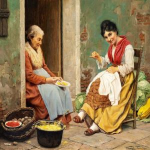 Two Italian Women Sitting In Front Of An Old House.