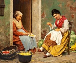 Tornoe: Two Italian Women Sitting In Front Of An Old House by Wenzel Ulrik Tornoe