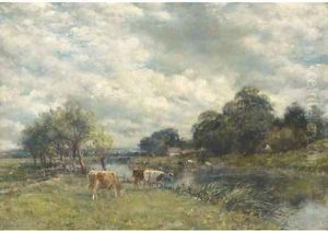 Cattle watering in a river landscape by William Mark Fisher