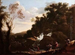 Paesaggio Con Cascata, Cacciatore, Suonatore E Viandanti by Bartolomeo Torreggiani