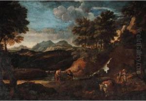 A River Landscape With Travellers And Fishermen Near A Cascade