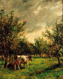 Cattle resting in an orchard by Mark Fisher
